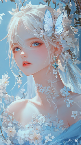 Elegant Anime Girl with White Hair and Blue Eyes in Sky Blue Dress