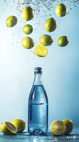 Hasselblad Style Photography of Antipodes Sparkling Water with Lemons and Limes