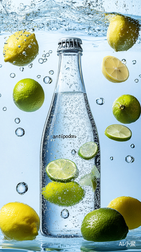 Hasselblad Style Photography of Antipodes Sparkling Water with Lemons and Limes