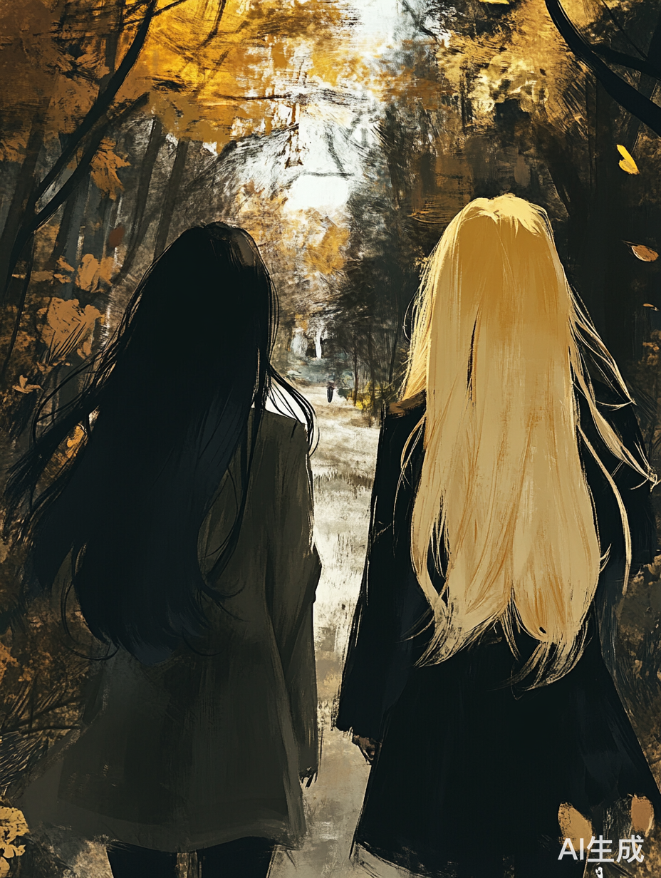 黄发黑发双女主校园动漫风树林街道背影