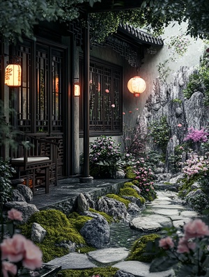 The photo shows the living room in the mountain stream, Chinese decoration style, moss covered with stones, flowers and plants outside the living room, Chinese lanterns, ink painting decoration, fine details, realism, master photography, masterpieces，ar3∶4，v6.1