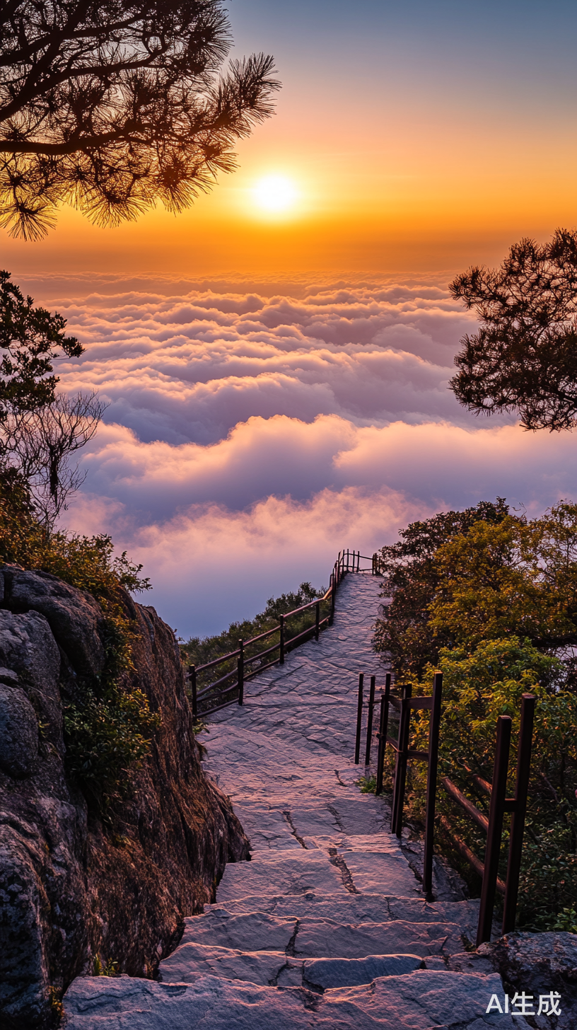 山顶日出云海仙境台阶护栏树木高清摄影