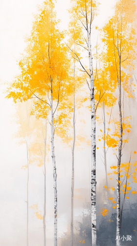 Ethereal Birch Trees in Fog with Yellow Leaves by Alex Andreev