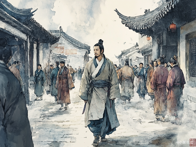 刘备在人潮中思索未来的坚定与忧虑