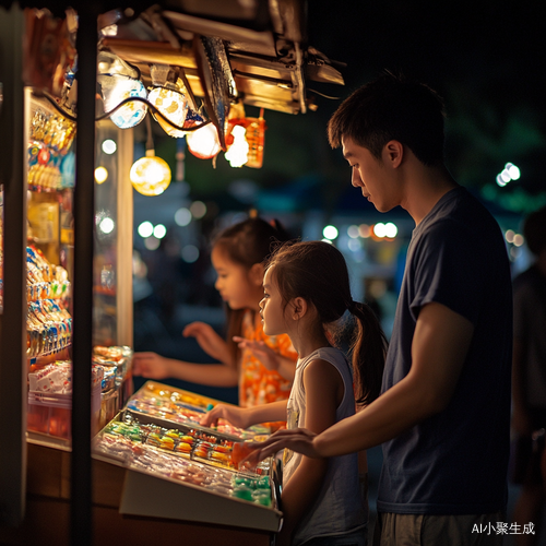 夏天夜市中欢乐的儿童游戏