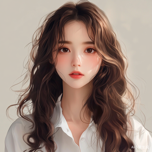 简约高级女生插画头像棕色长卷发白衬衣