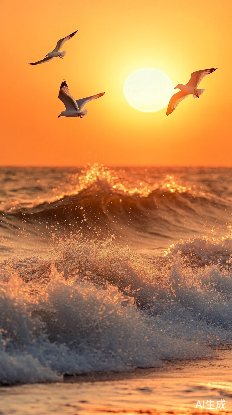 日落时分辽阔海面海鸥翱翔壮观景色