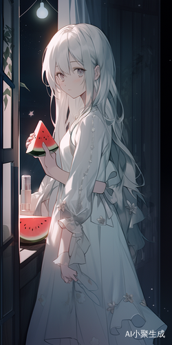 白发少女在夏夜星空下的浅笑与清凉饮品