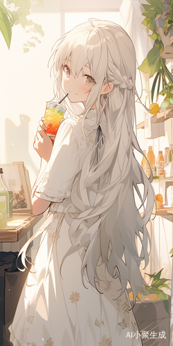 白发少女微笑看向窗外的夏日宁静