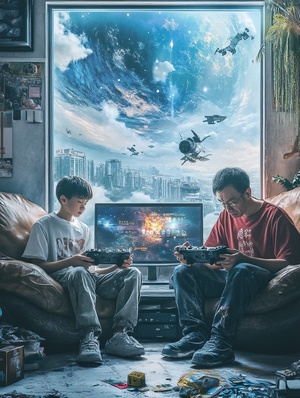 The photo shows two characters, a Chinese boy and a Chinese middle-aged man, playing game consoles in the living room, the focus of the picture is on the two characters, the design of the living room is inspired by the video game scene, fantasy style, space transformation, streams, aquatic plants, fine details, realistic photography, the characters occupy the main position, the background is from the window to see the vast universe, the distant earth, the whimsy is impressive, the best quality，ar3:4，v6.1