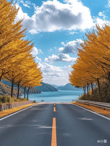 银杏树公路尽头海洋的蓝天美景