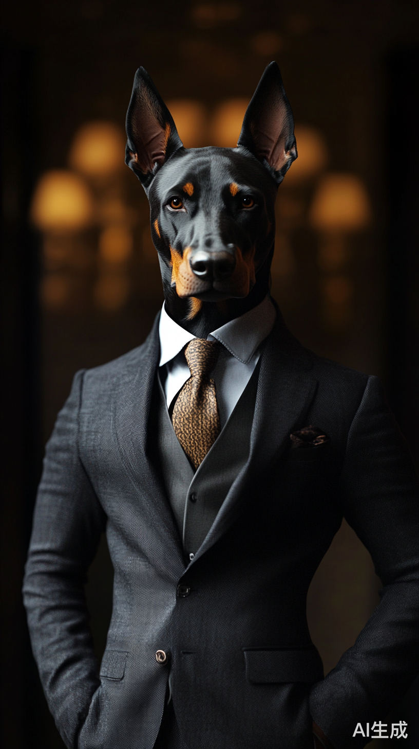 拟人杜宾犬时尚动物秀全景展示高端西装风格