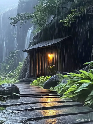 雨中半山小屋灯光辉映绿树环绕
