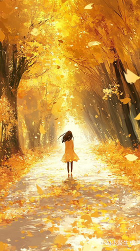 秋天公路上女孩独行黄叶环绕
