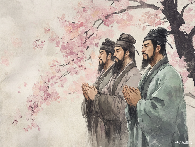 刘备张飞关羽在桃树下庄严发誓的画面