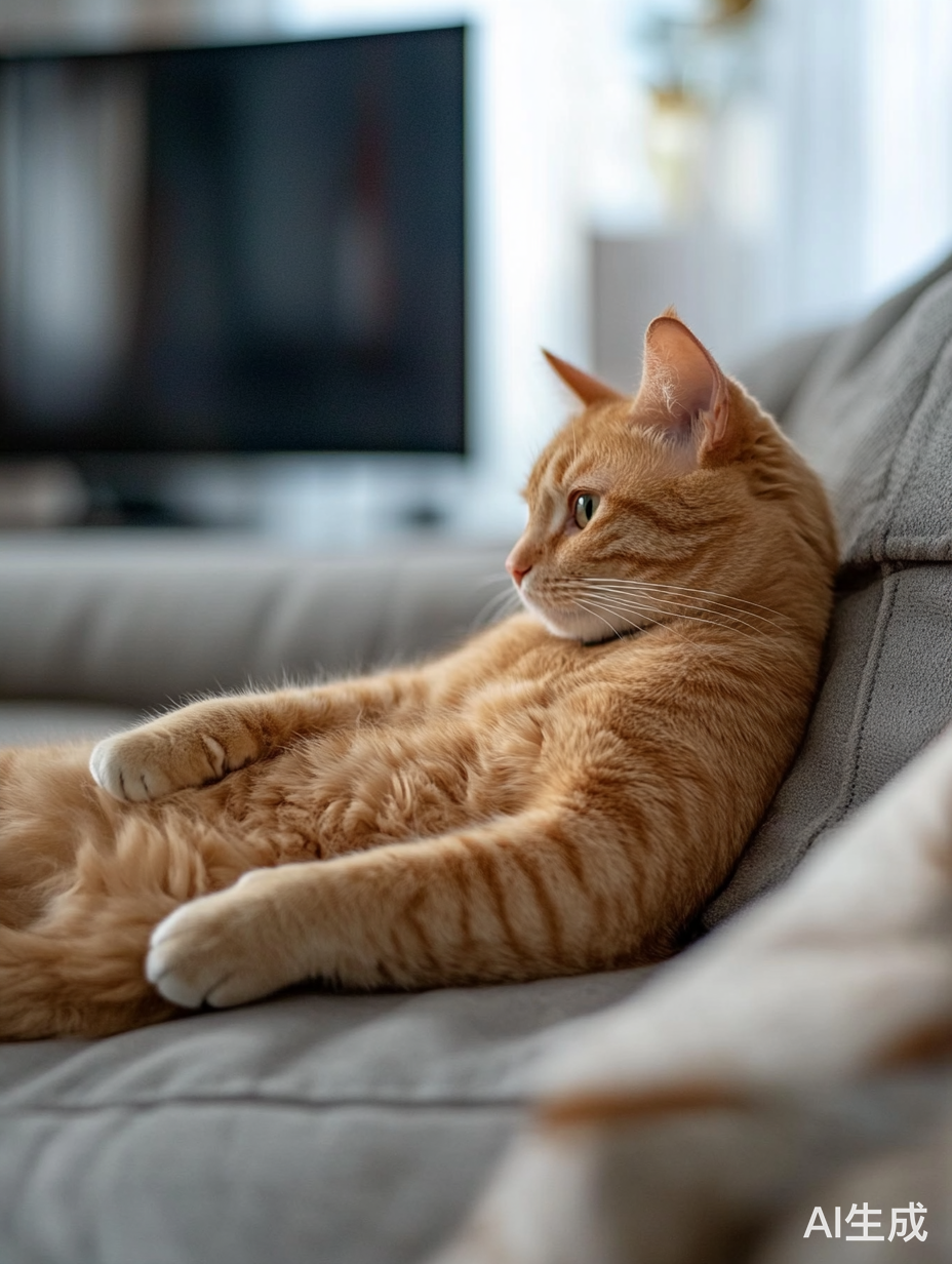 橘猫悠闲地在沙发上看电视