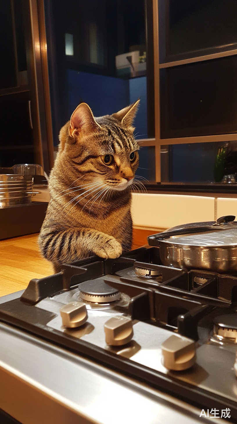 厨房里的猫咪穿着背带裤炒菜