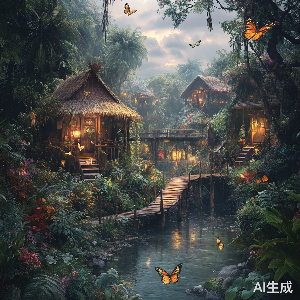 宁静乡野中的茅屋与流水与蝴蝶