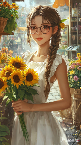 下雨天花店前美丽女孩与向日葵的治愈插画