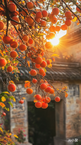 Autumn Sunset on Persimmon Tree by Ancient Building