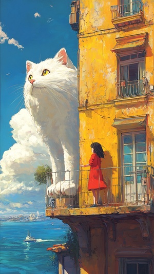 Agirl in red is standing on the balconytouching a big cat. The yellow building and the whitegiant cat are standing by the seaside, with white clouds drifting in the distance. Standing upstairs, the colors arebright and Miyazaki Hayao's art style is vivid,