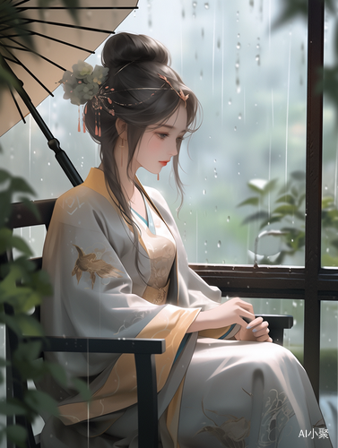 初秋细雨中窗前静立的旗袍美女