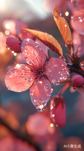 雨后桃花生机盎然晶莹水珠映衬花瓣闪耀