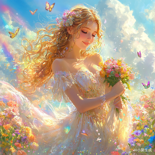 优雅美女在花海中与彩虹相辉映