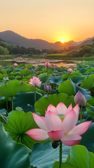 湖边荷花与芦苇映衬晚霞的自然风景