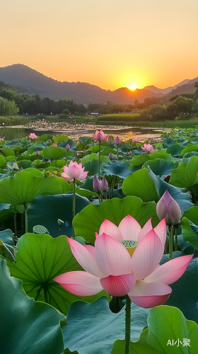 湖边荷花与芦苇映衬晚霞的自然风景