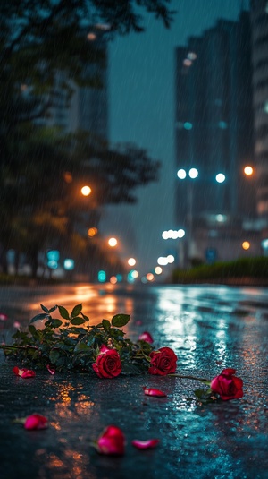 城市的夜晚，下雨，马路被雨水打湿，路灯，马路上躺着十几只玫瑰花，粗壮的枝干和绿叶，花朵上有雨珠，分手孤独伤感的情绪氛围感，广角拍摄，专业摄影，24K，佳能镜头