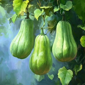 Green gourds hanging on the vine, close-up, realistic oil painting style, pale green and light gray, in the style of gongbi, playful cartoon illustrations, mysterious jungle background, dark blue and sky blue, hand-drawn animation, soft mist, high resolution.