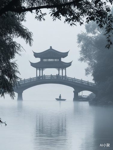 烟雨江南小桥流水伴亭子与小船