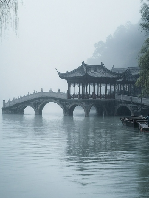 烟雨蒙蒙，江南风光，小桥流水，桥上有一人的背影，桥下有一小船驰过，岸边有一只亭子。灰色调 ar 9:16 v 5.2