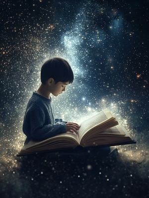 The photo shows an open book with a flash of light, a Chinese ten-year-old boy, sitting on a book, surrounded by light, fine details, real fine scenes, the surrounding environment is the vast universe, galaxy, the focus is on the boy, occupies the center of the photo, master photography, realism, photographer Yousuf Karsh, cinematic light effects, masterpiece，ar3∶4