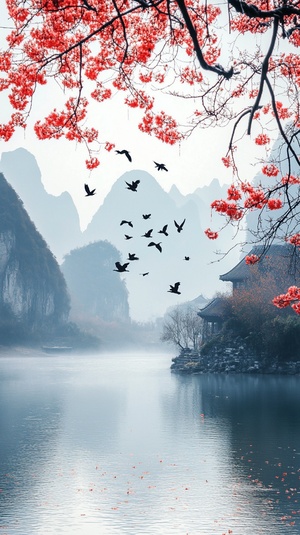 The breath of autumn, the house, the river, the mountains, the willows, the flying birds, the flowers, Chen Jialing.