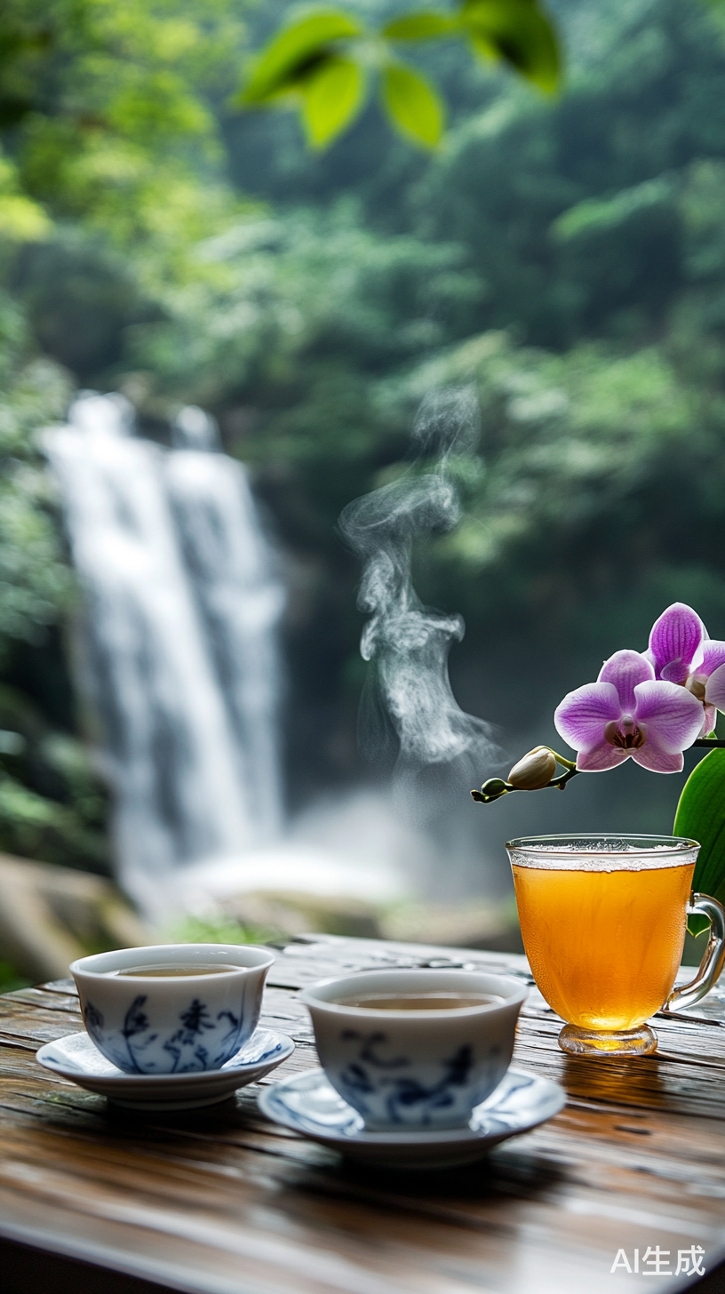 中国庐山风景中的茶饮与兰花的完美融合