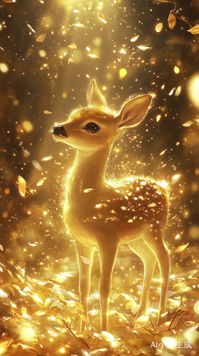 梦幻金色森林中的闪烁小鹿
