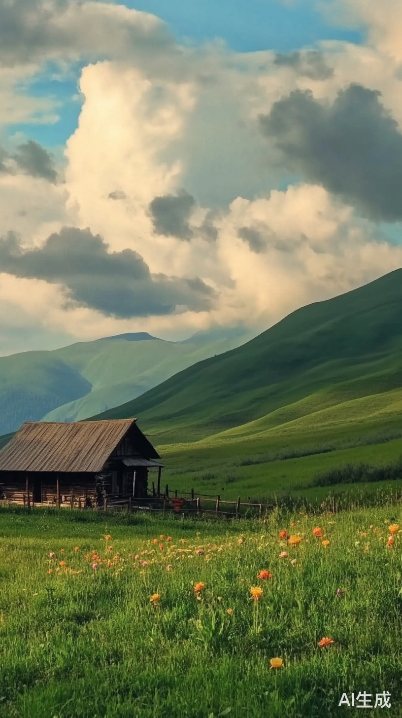 阿勒泰大草原上的小花小木屋与云朵山峰