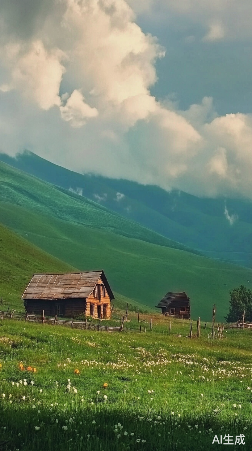 阿勒泰大草原上的小花小木屋与云朵山峰