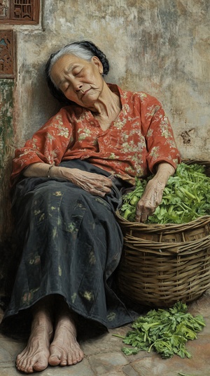 路边，一个蜷缩身体睡着的中国老年女性，身体靠着一筐青菜。真实照片，复杂细节，大师杰作