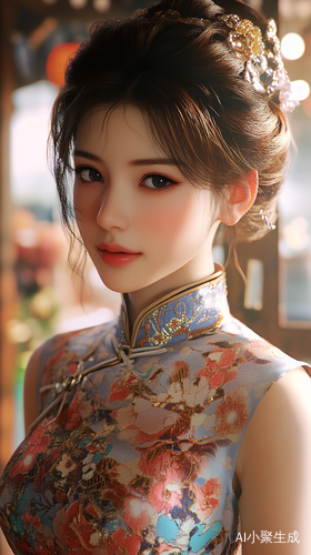 春日晨光下穿旗袍的瘦女人精致挑染盘发特写