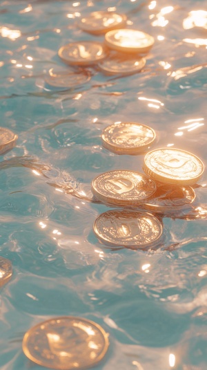 golden coins in the water, light pink and light aquamarine,y2k aesthetic,etherealdetails, snapshot aesthetic, dreamlike naturaleza, light white, soft focal points ar 9:16 V 6.0