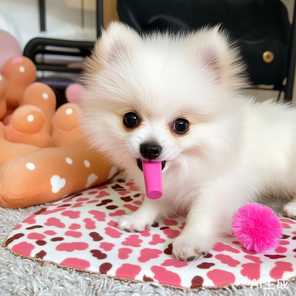 可爱白色博美幼犬在床上快乐玩耍