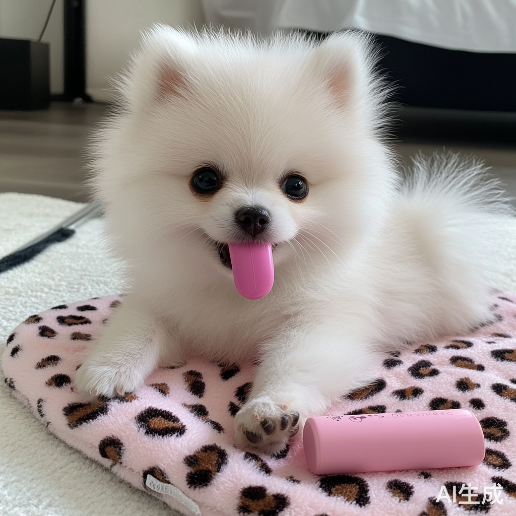 可爱白色博美幼犬在床上快乐玩耍