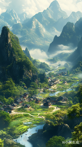 远处群山环绕的小山村与徽派建筑风格