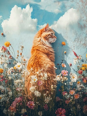 The photo shows an orange cat composed of flowers, profile shot, fine details, realistic, real and detailed scene, the real background is a wall painted with blue sky and white clouds, amazing art, master photography, cinematic lighting effects，ar3∶4