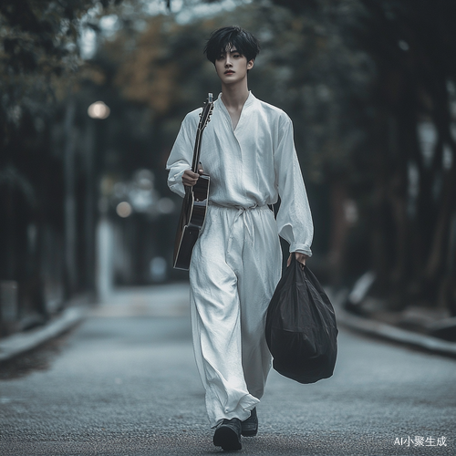 帅气少年背吉他包走在路上