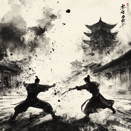 Epic Kung Fu Battle in Chinese Ink Painting Style