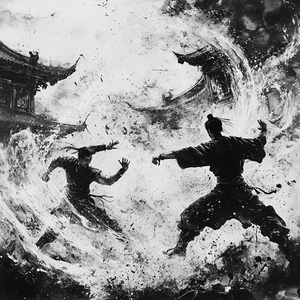 Wide angle, movie shots, Chinese ink painting, intense battle scenes, two people fighting, one in front and one behind, both showing kung fu postures. The aftermath of the battle destroyed the surrounding buildings, with many qigong waves dancing, scattered stones, epic video scenes, detailed depictions, splashing ink, grand, and shocking